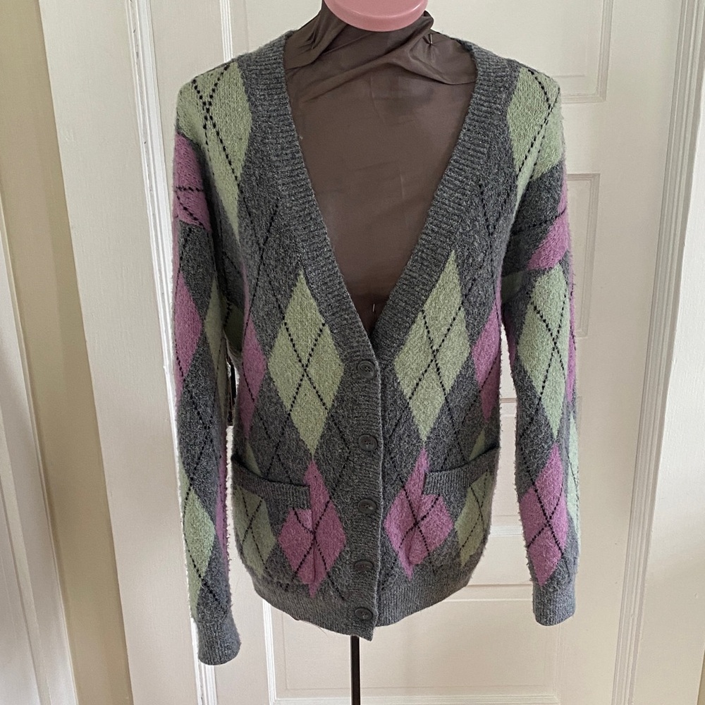 BP Gray Preppy Argyle Thick Cozy Cardigan Small